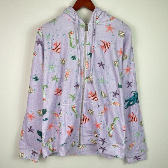 Hill House The Allie Zip Up Hoodie Fleece Jacket Sea Creatures Terry Purple M - Picture 2 of 9